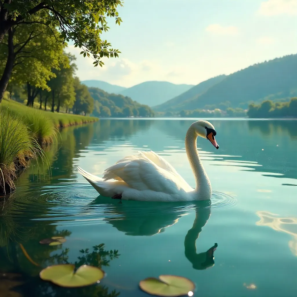 Graceful Swan on Zagreb Lake at Golden Hour