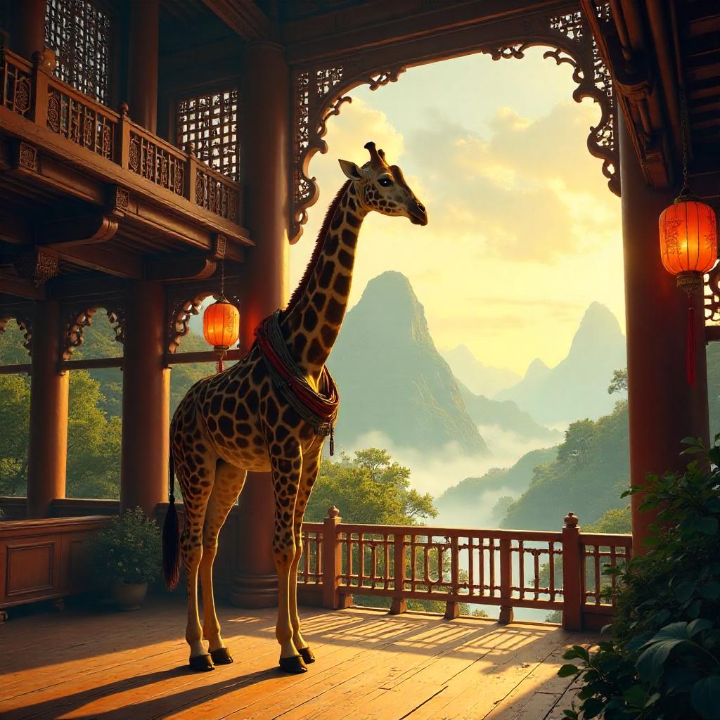 Giraffe Concept Art in a Tranquil Pagoda