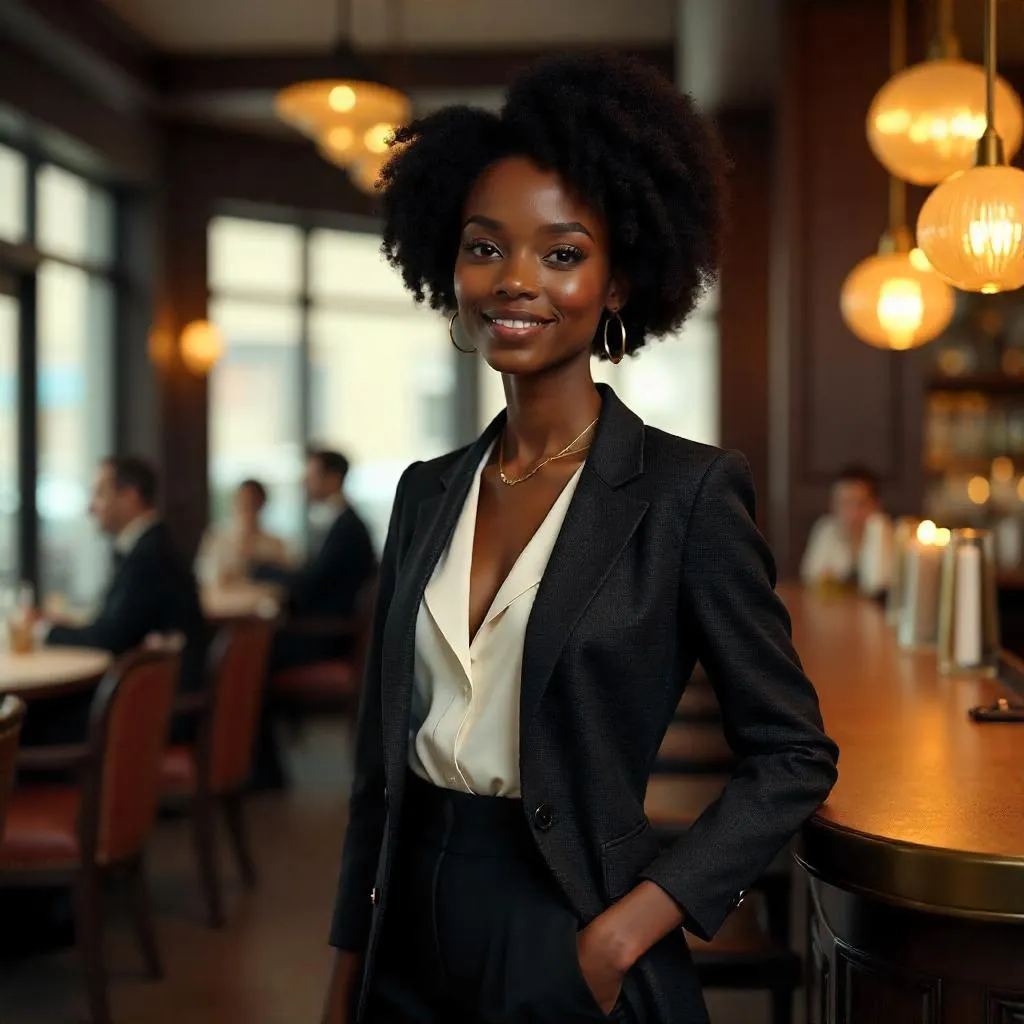 Confident Black Woman in a Modern Restaurant - 3D Render