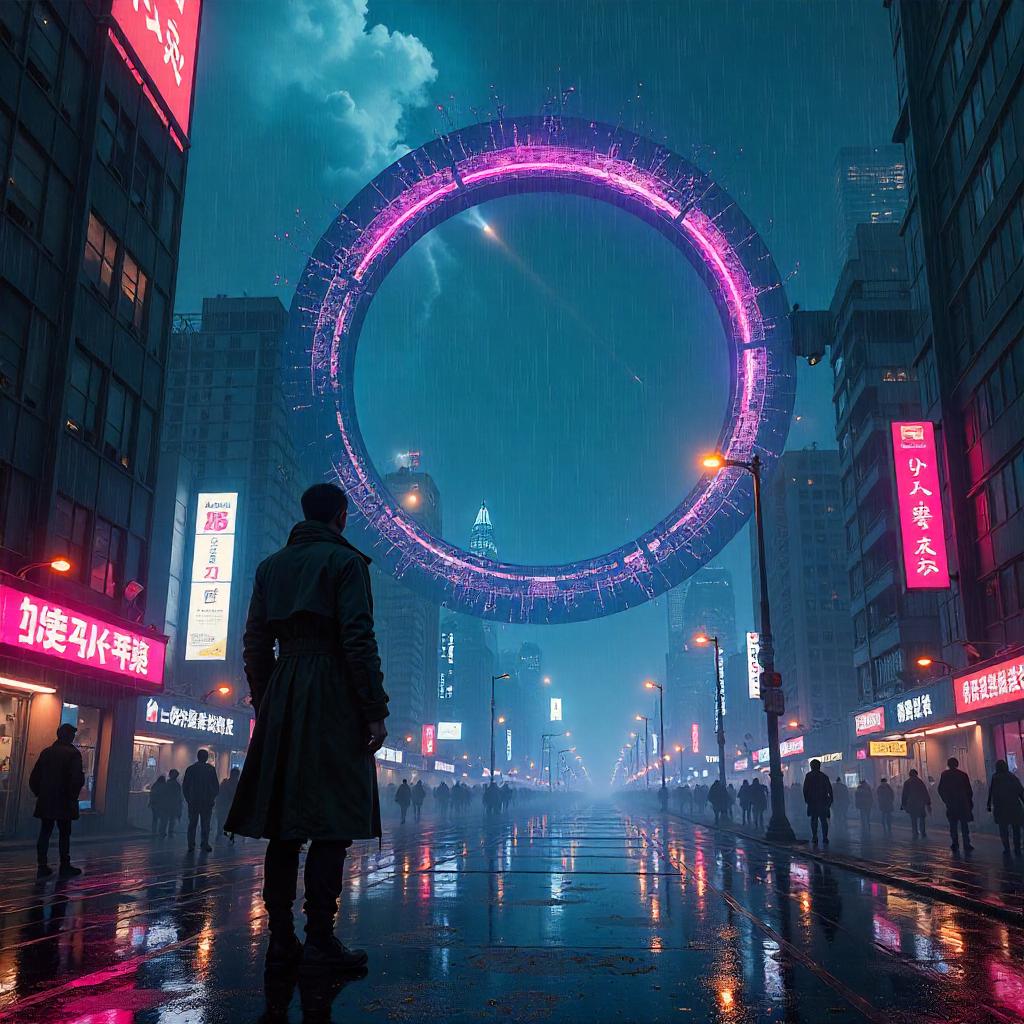Cyberpunk Portal Amid Meteor Shower