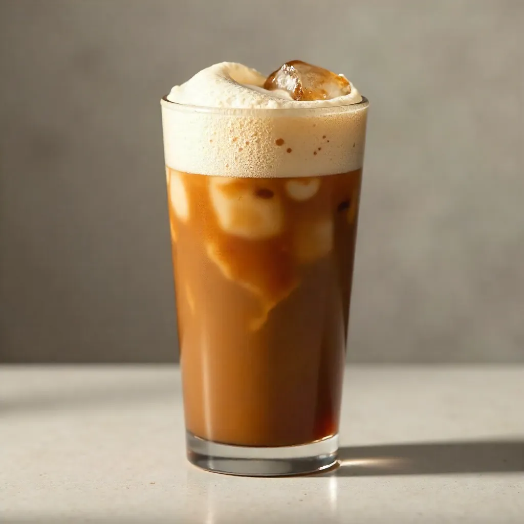 Tall Glass of Iced Coffee with Creamy Foam on Neutral Background