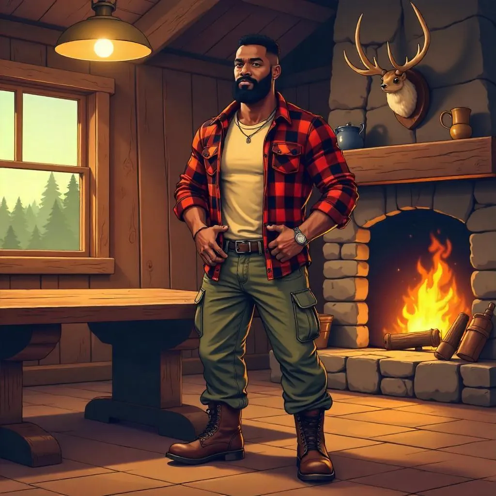 Strong Black Outdoorsman in a Hunting Lodge