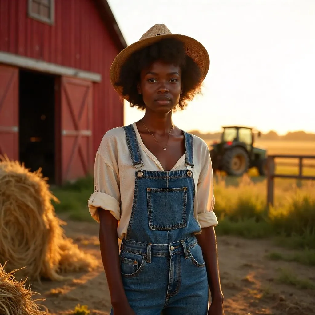 Stylish Black Girl on a Golden Hour Farm