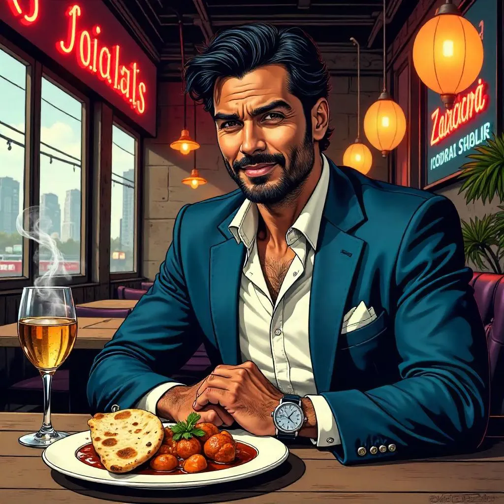 Comic Style: Handsome Indian Man in a Restaurant
