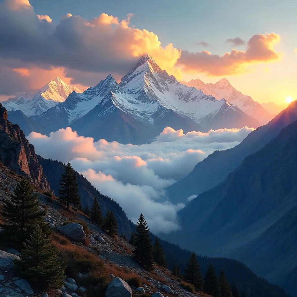 Sunrise over Nepal's Himalayas with Dramatic Clouds