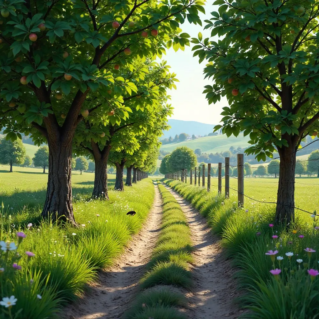 Sunlit Path Through a Romanian Orchard