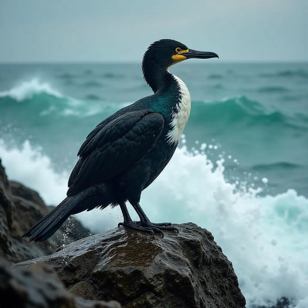 Cormorant Perched Amid Spray-Splashed Rocks