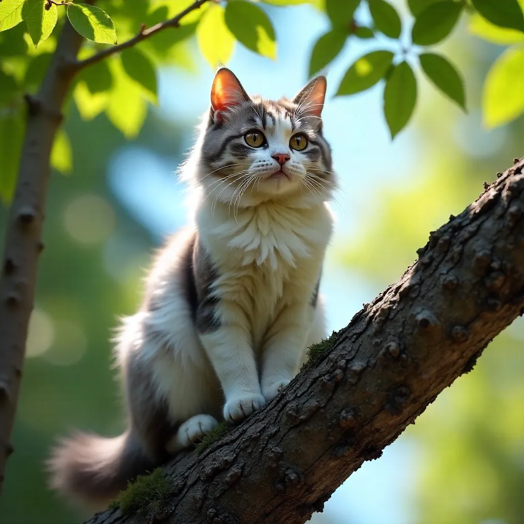 Sunlit White-and-Gray Cat on a Tree Branch
