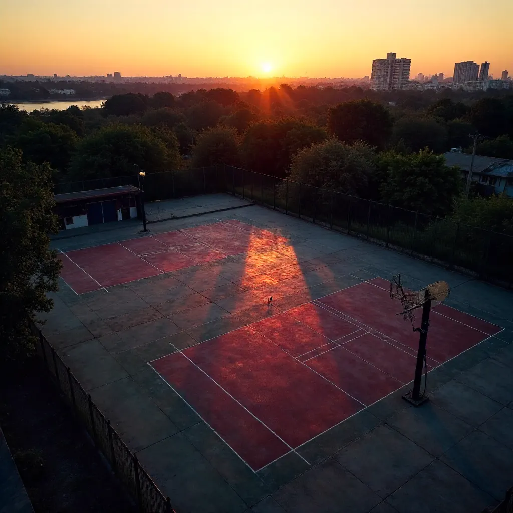 Aerial Sunset Over Urban Multi-Use Court