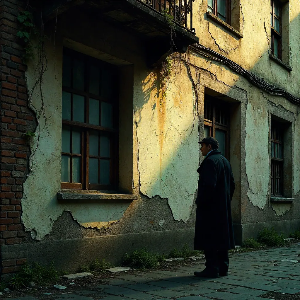 Shadowed Man at a Decaying Historic Facade