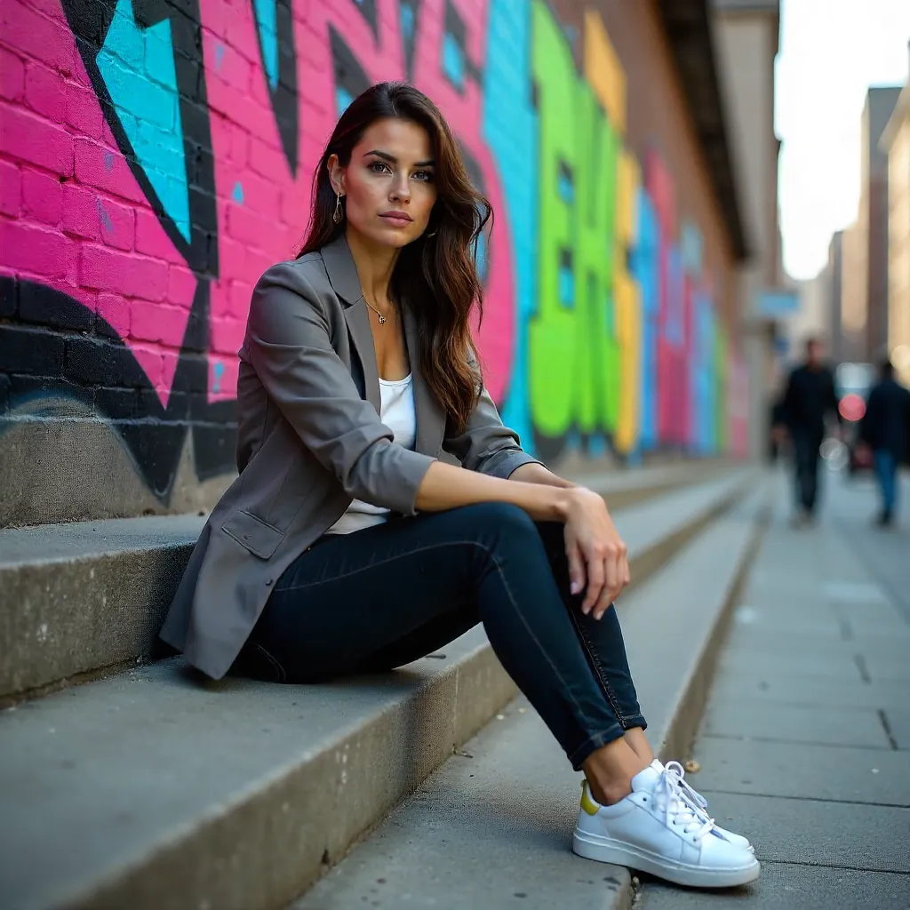 Confident Woman on Urban Steps with Graffiti Backdrop