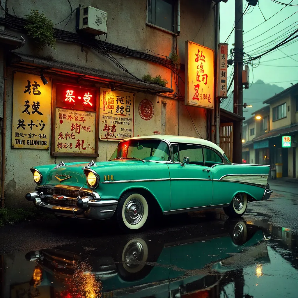 Classic Car by a Wall of Vintage Japanese Signs