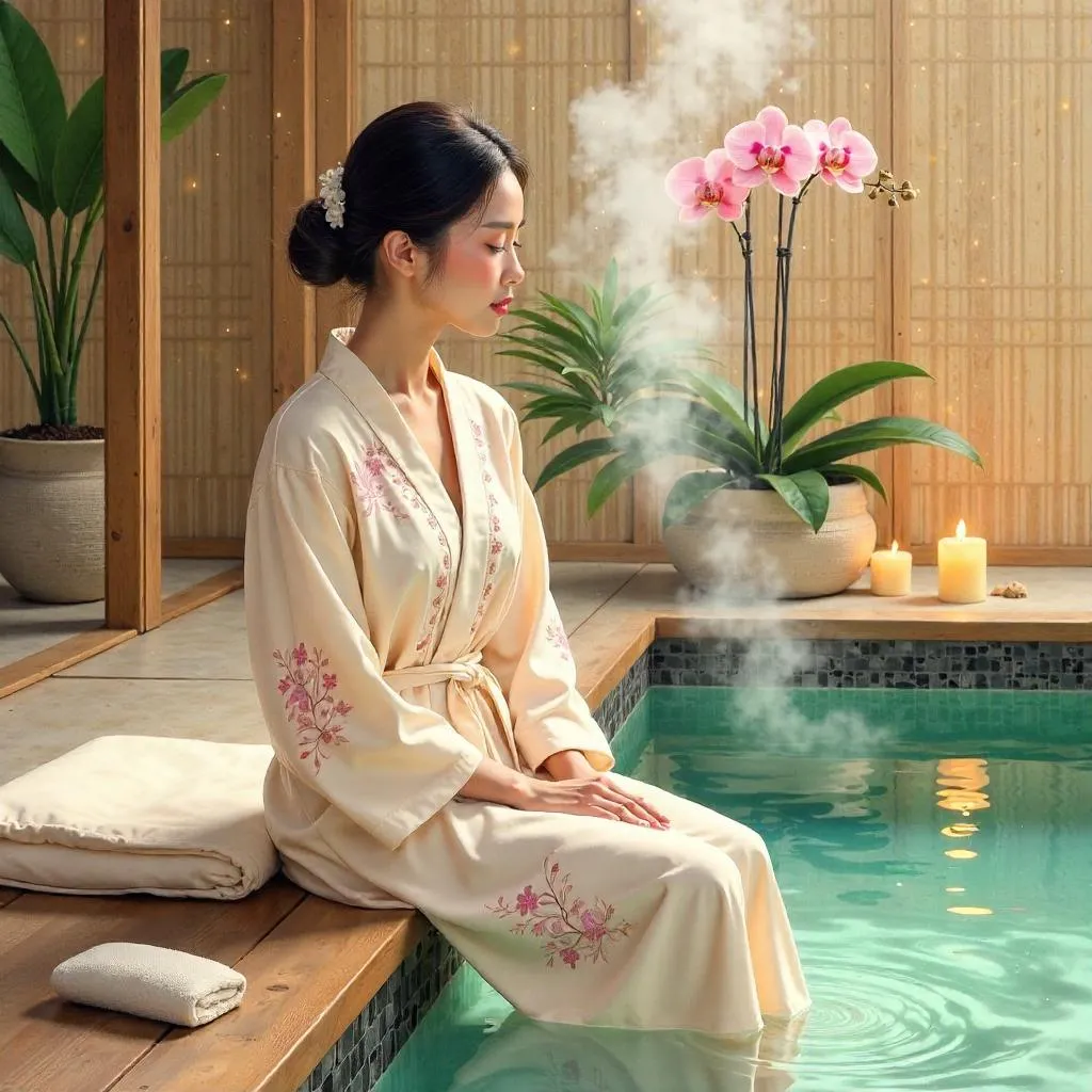 Watercolor Serenity: Stylish Asian Woman in Spa