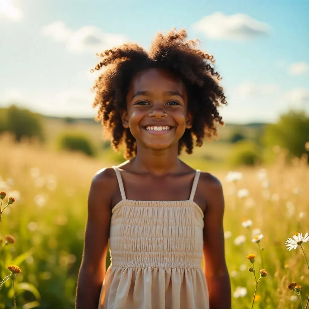 Cheerful Black Girl in a Sunlit Meadow