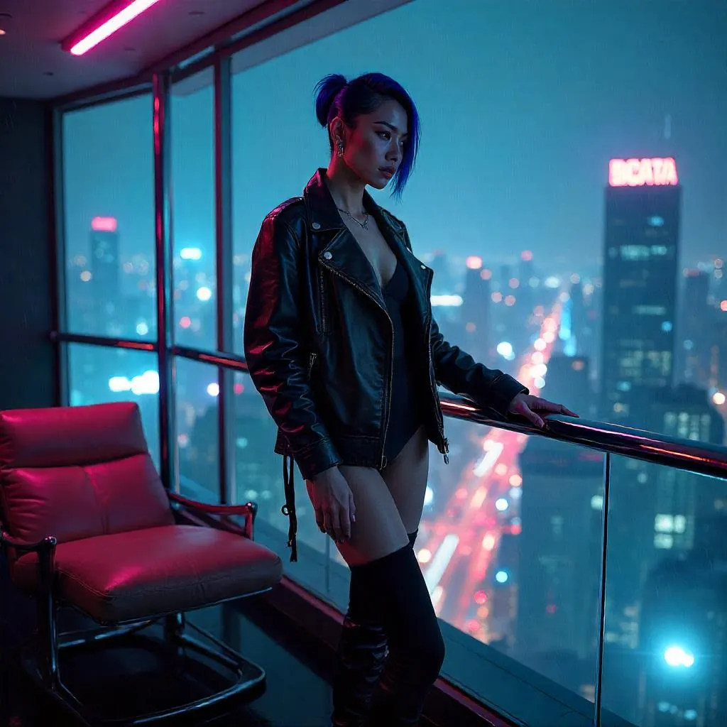 Confident Asian Woman in a Neon Cyberpunk Penthouse
