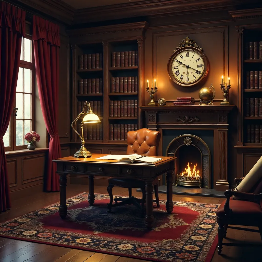 Elegant Vintage Study with Antique Wood Furnishings