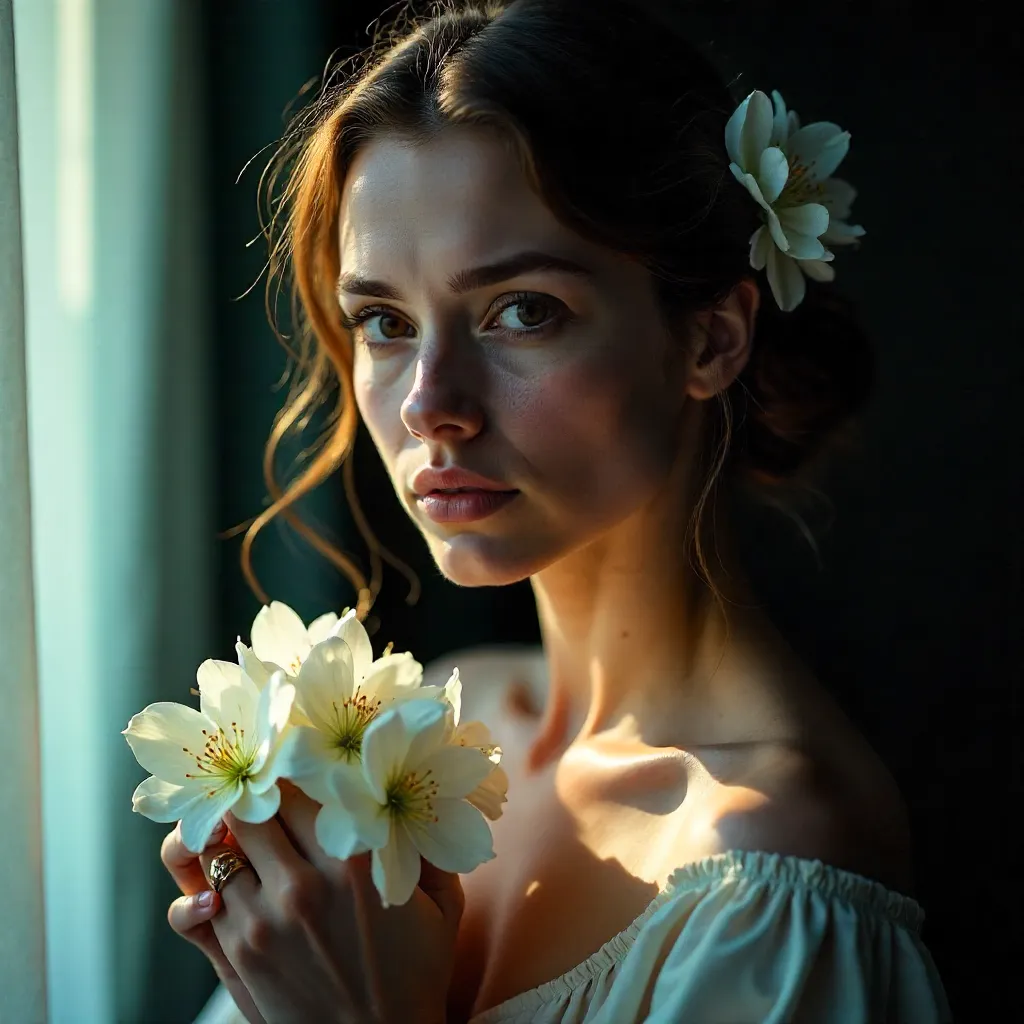 Moody Portrait of a Woman with White Flowers in Soft Light