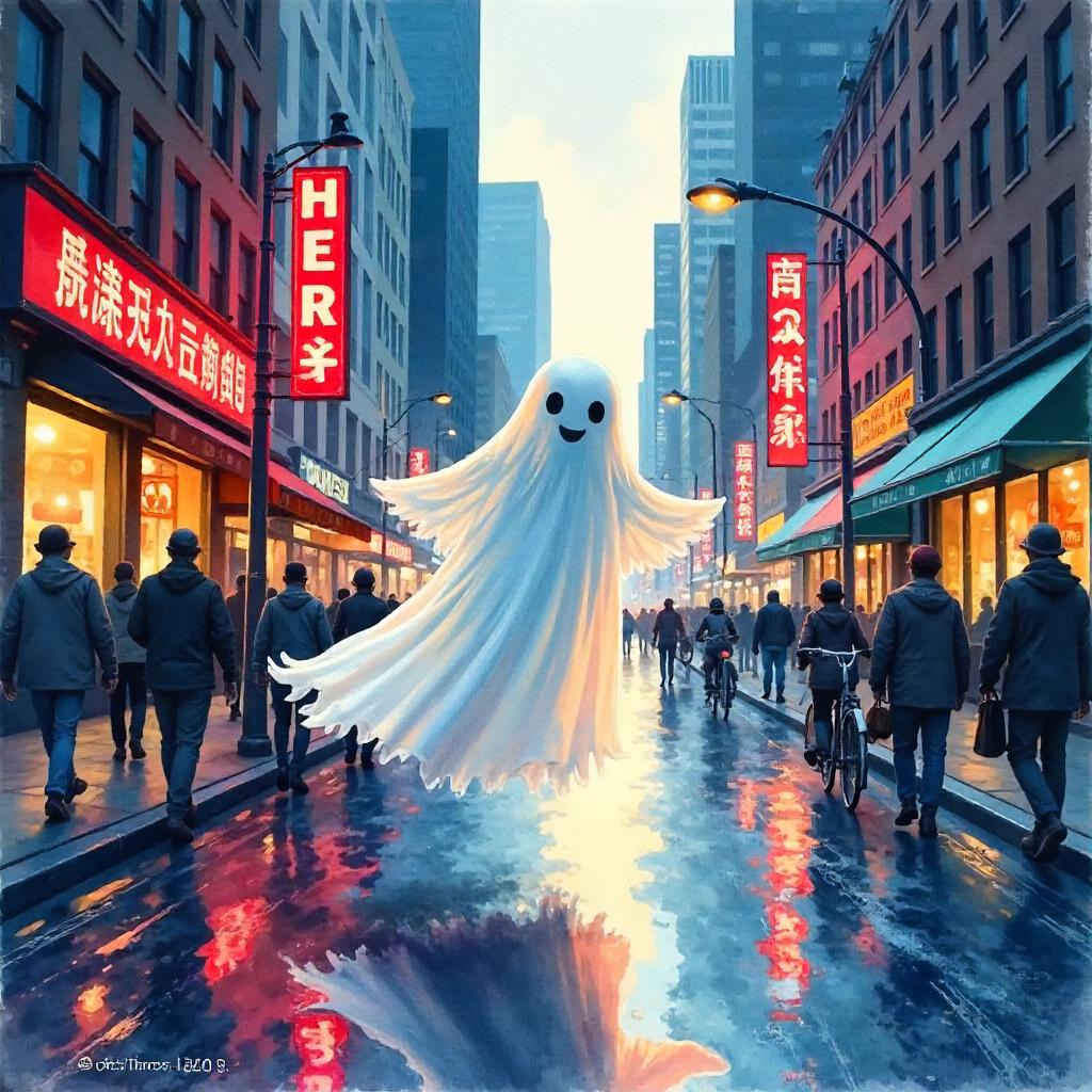 Ghost in a Busy Street: A Watercolor Scene