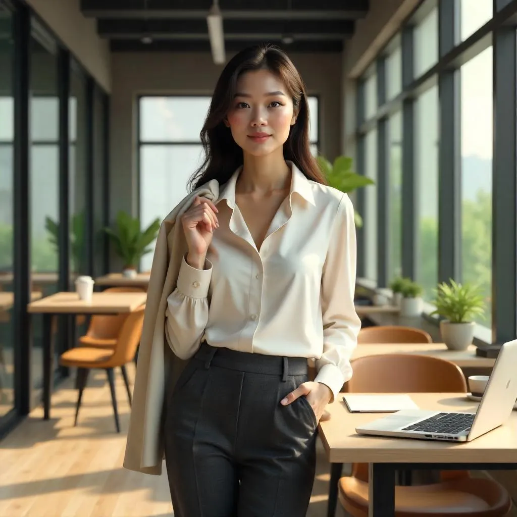 Elegant Asian Woman in a Modern Coworking Space