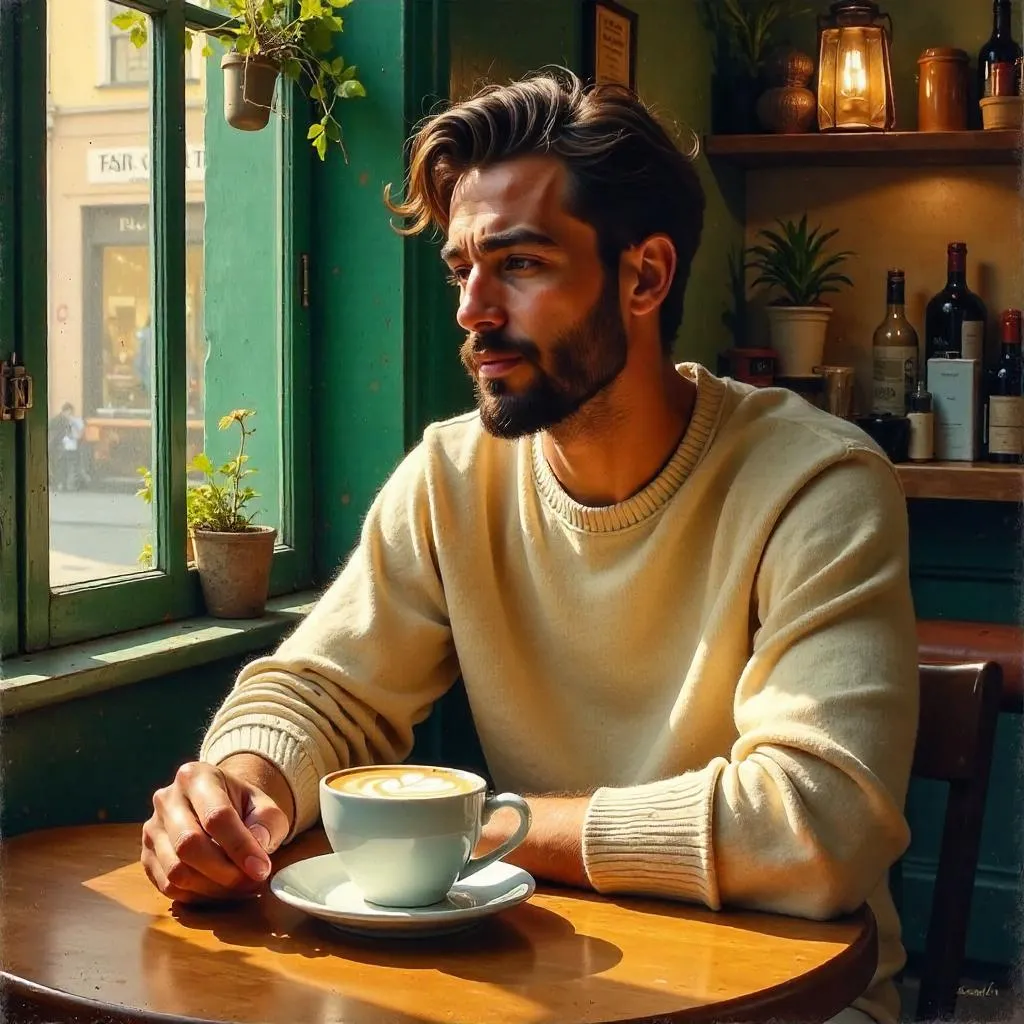 Oil Painting Portrait of a Young Middle Eastern Man in a Coffee Shop