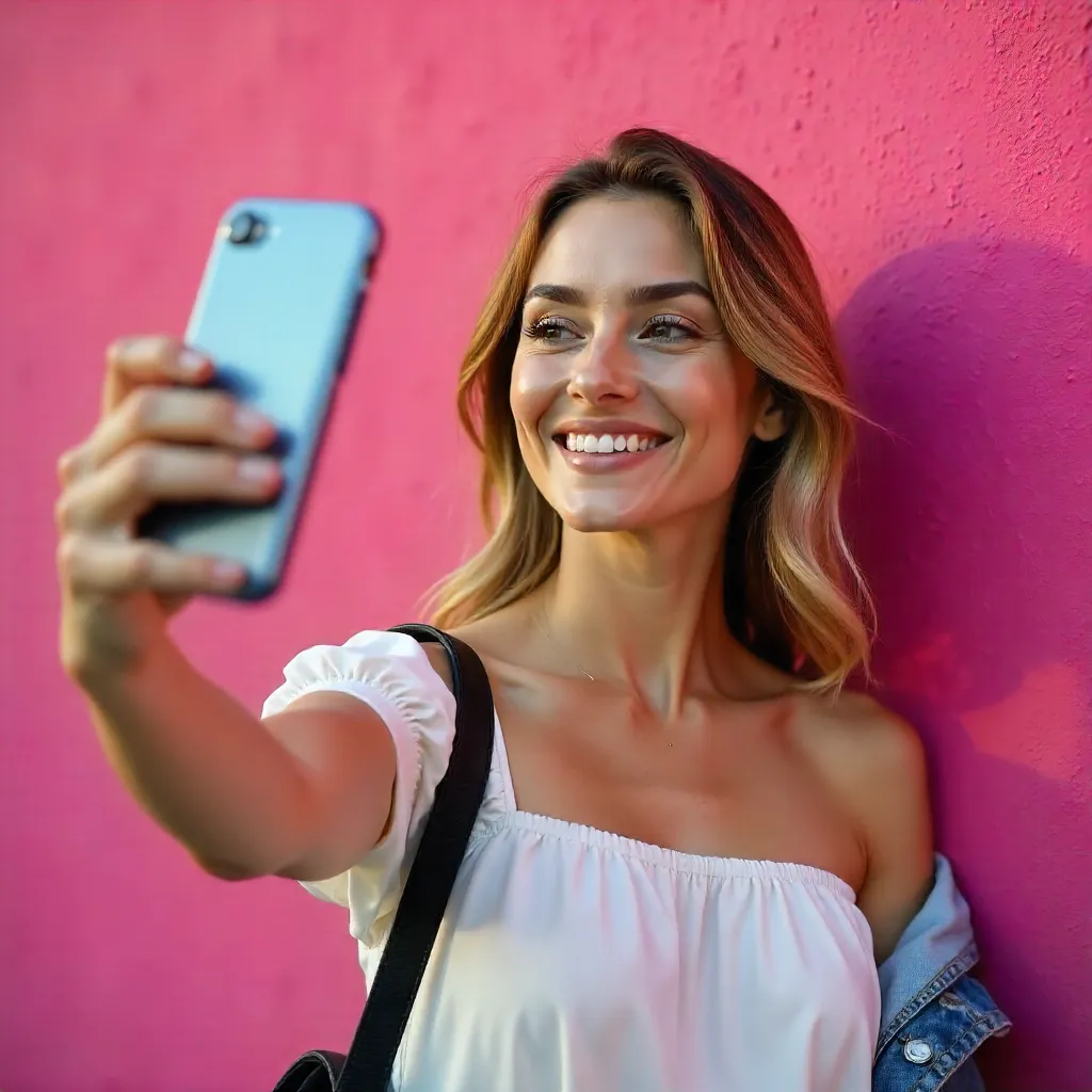 Selfie Portrait Against a Vibrant Pink Wall