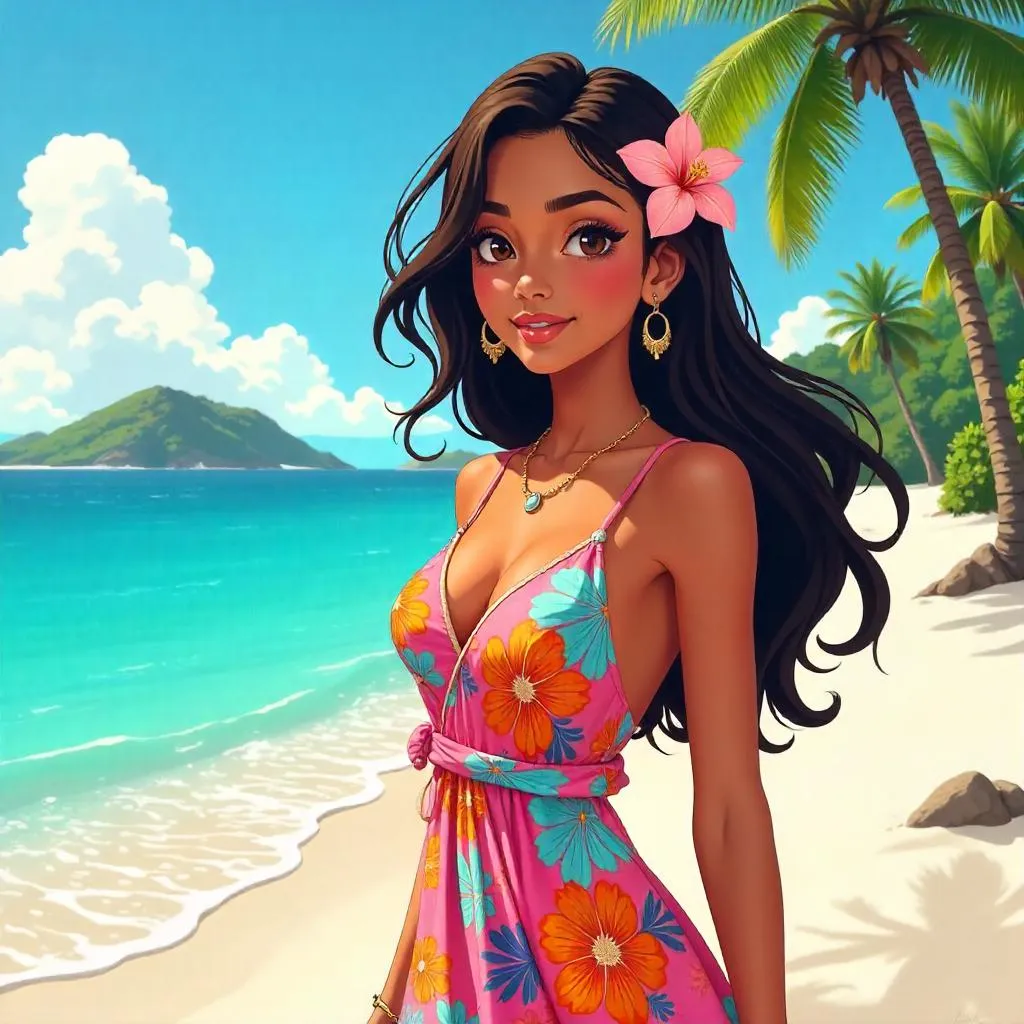 Indian Anime Woman in a Tropical Paradise