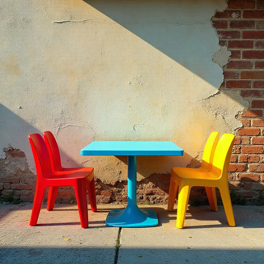 Vibrant Chairs and Blue Table by a Weathered Wall