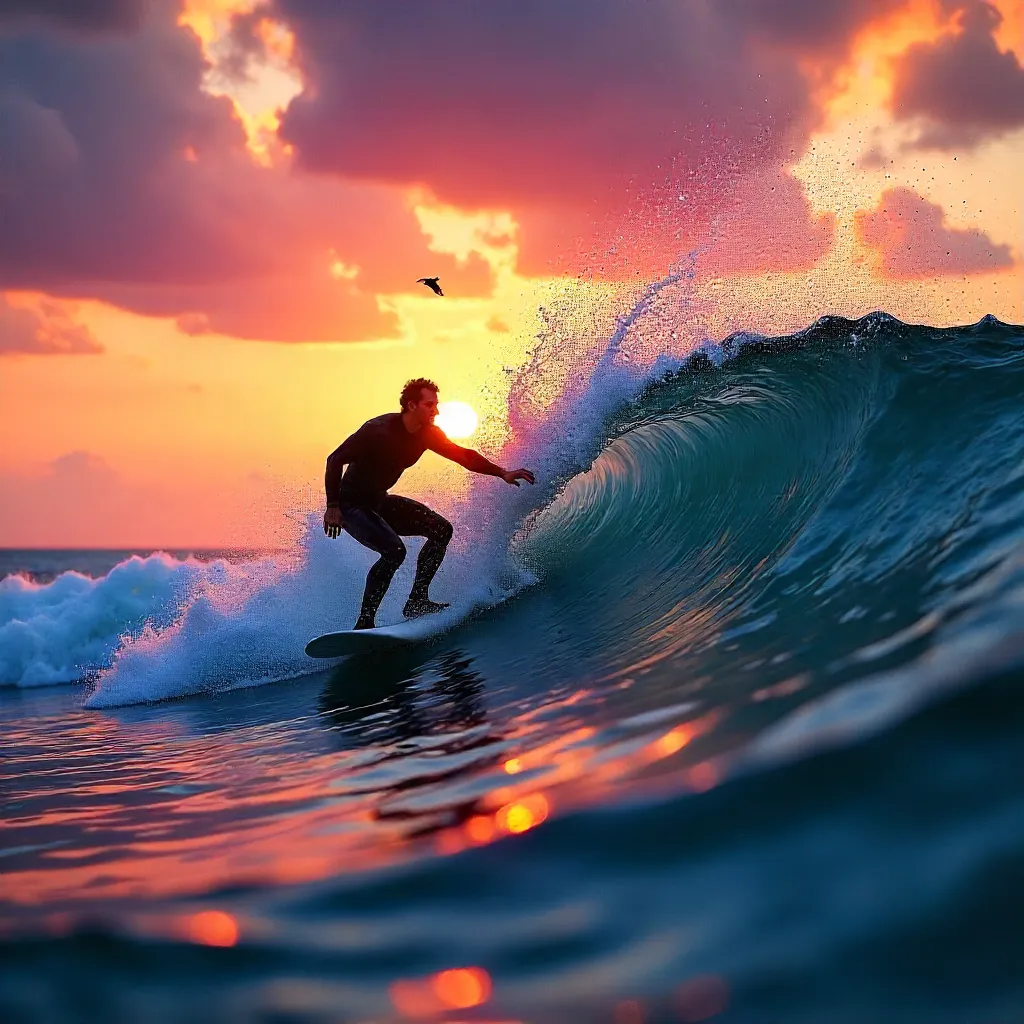 Sunset Surfer Carves a Dramatic Open-Ocean Wave