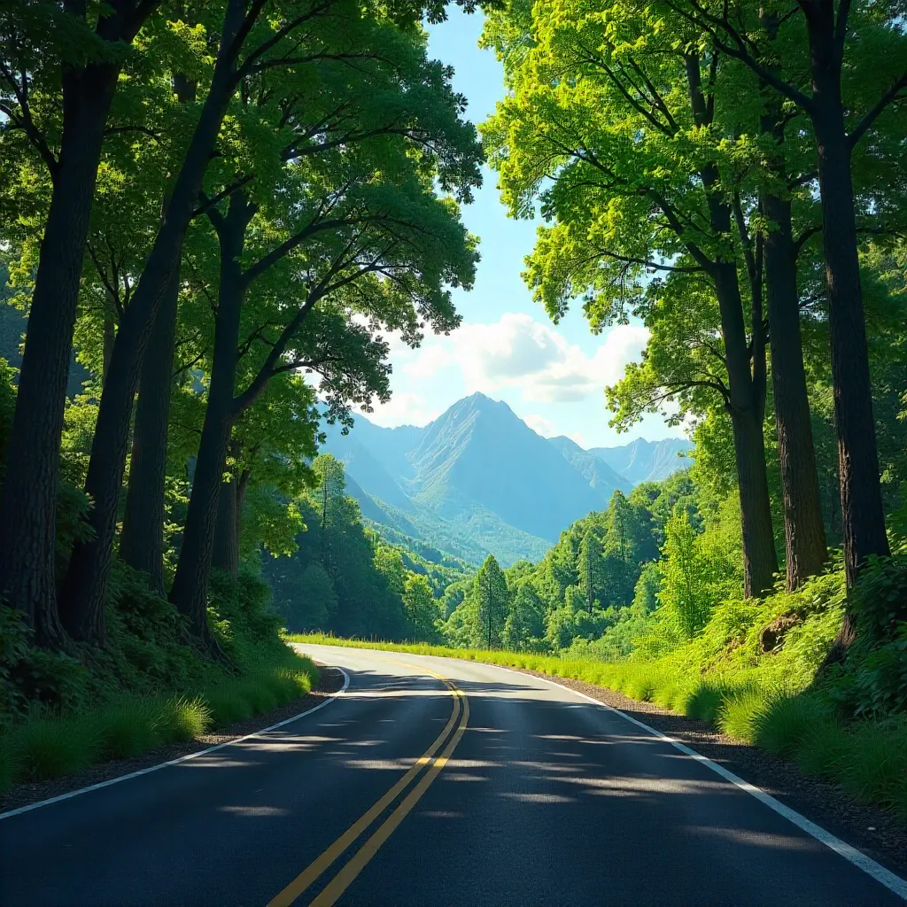 Tranquil Road Through Green Forest to Distant Mountains
