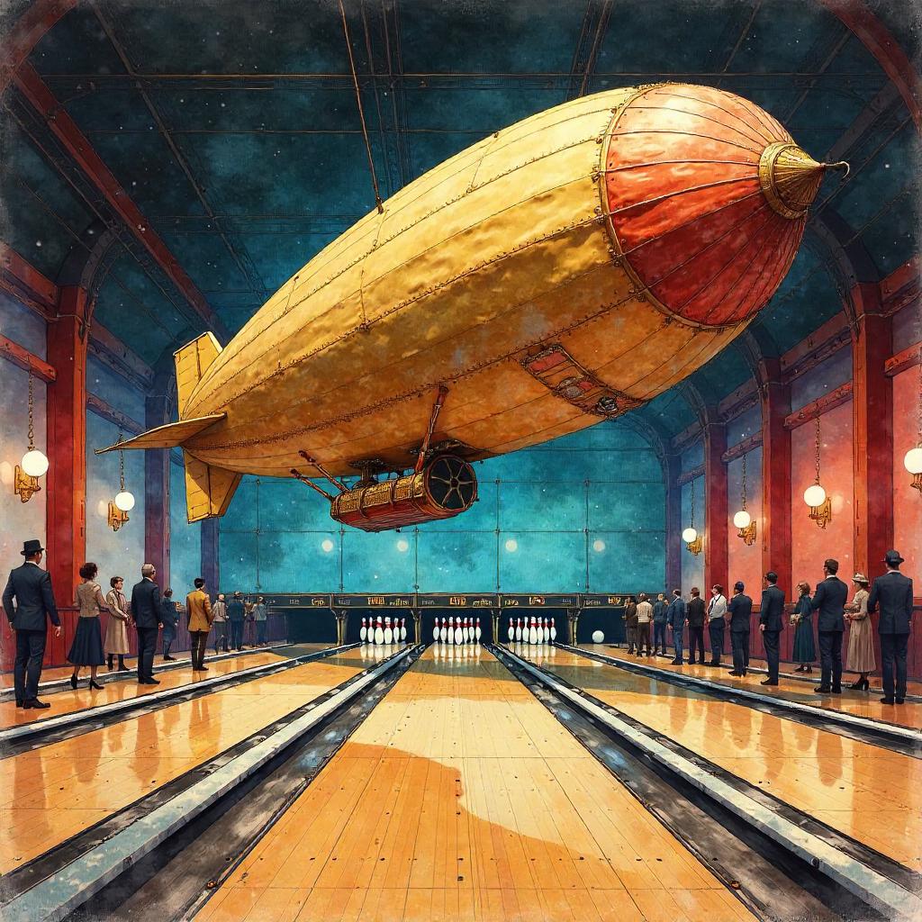 Airship in a Watercolor Bowling Alley