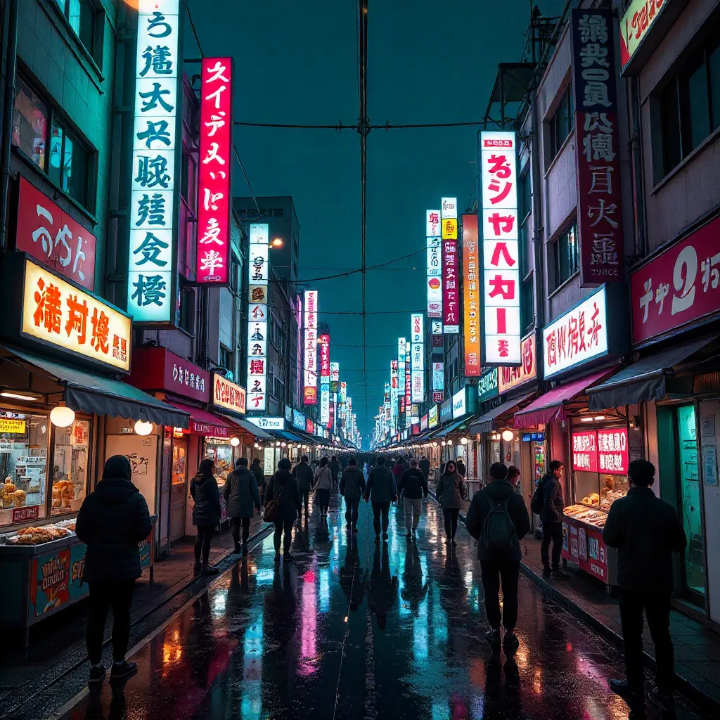 Neon Night in Akihabara: Crowds Under Neon Signs