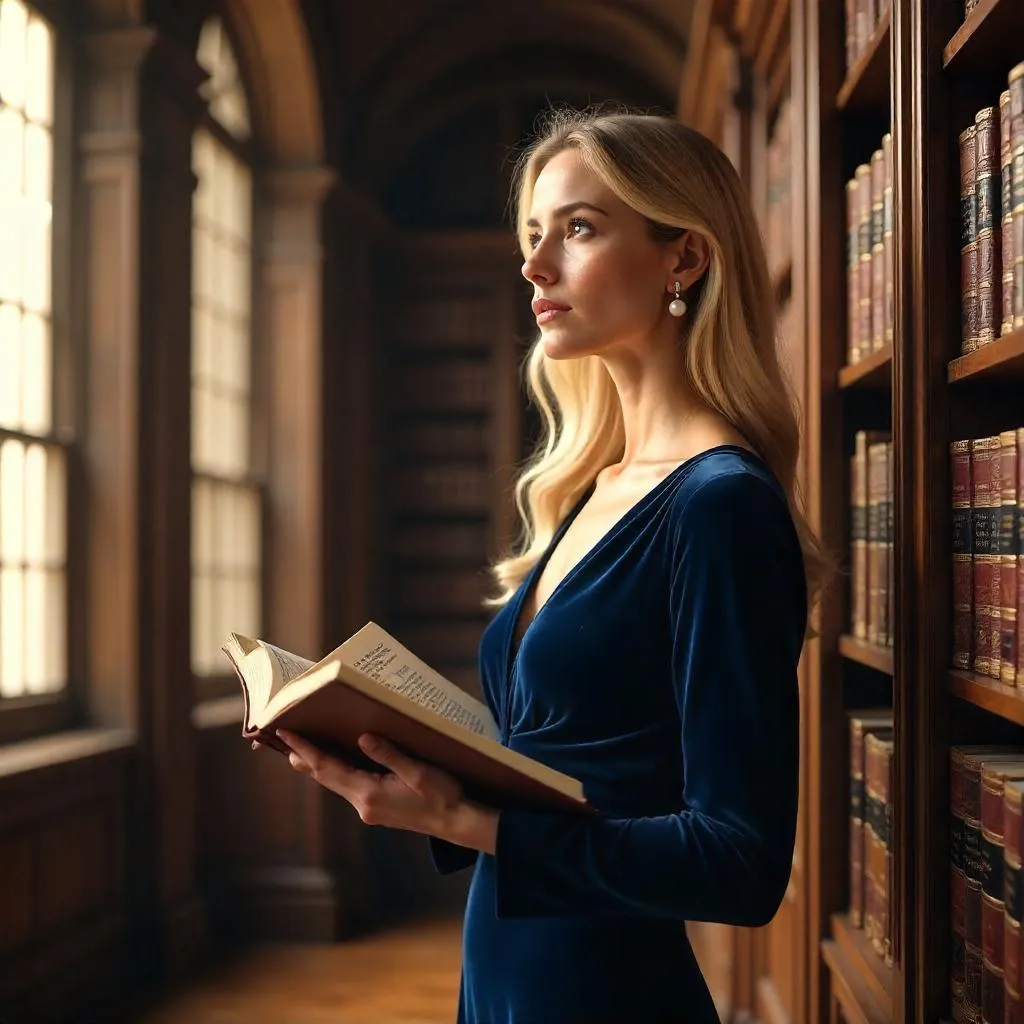 Elegant Caucasian Woman in a Grand Library