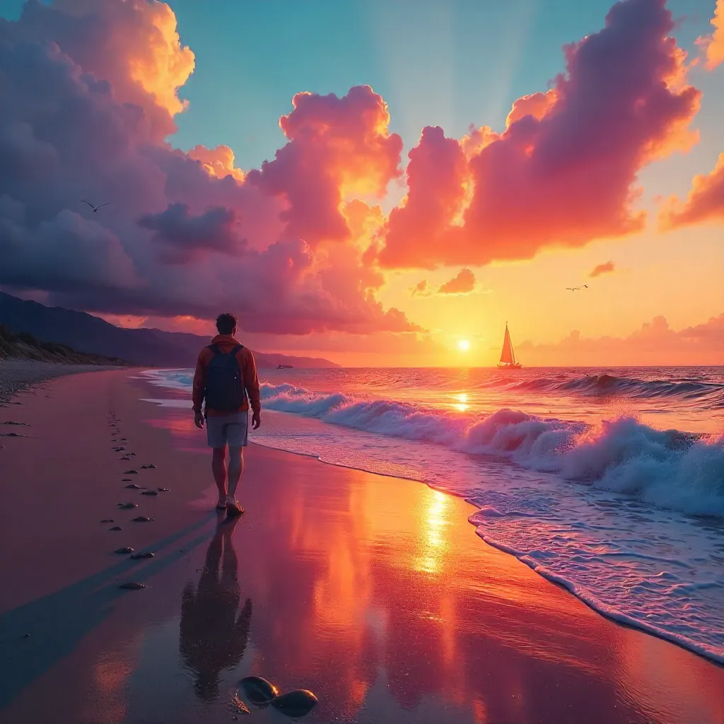Silhouette at Sunset: A Lone Traveler on the Beach