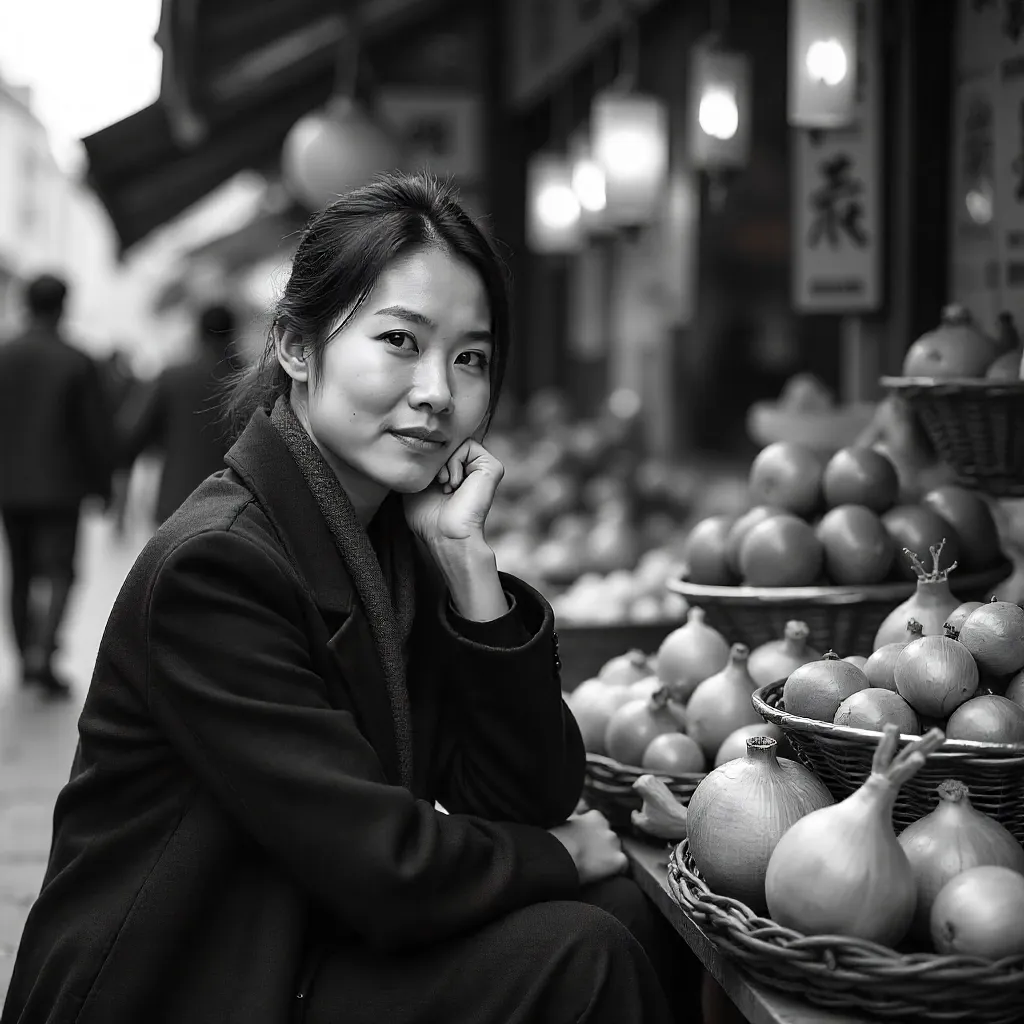 Thoughtful Portrait in a Bustling Asian Market