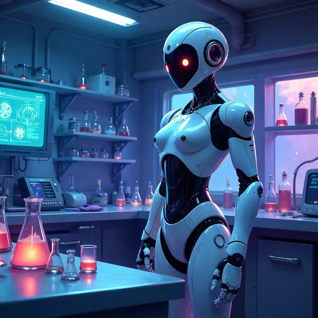 Shimmering Android in a Neon Laboratory: Anime Style