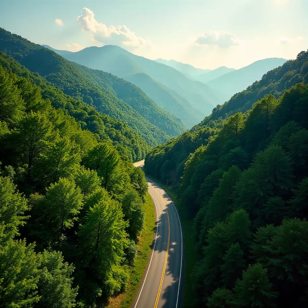 Drone Shot: Winding Road Through Smoky Forest, Gatlinburg