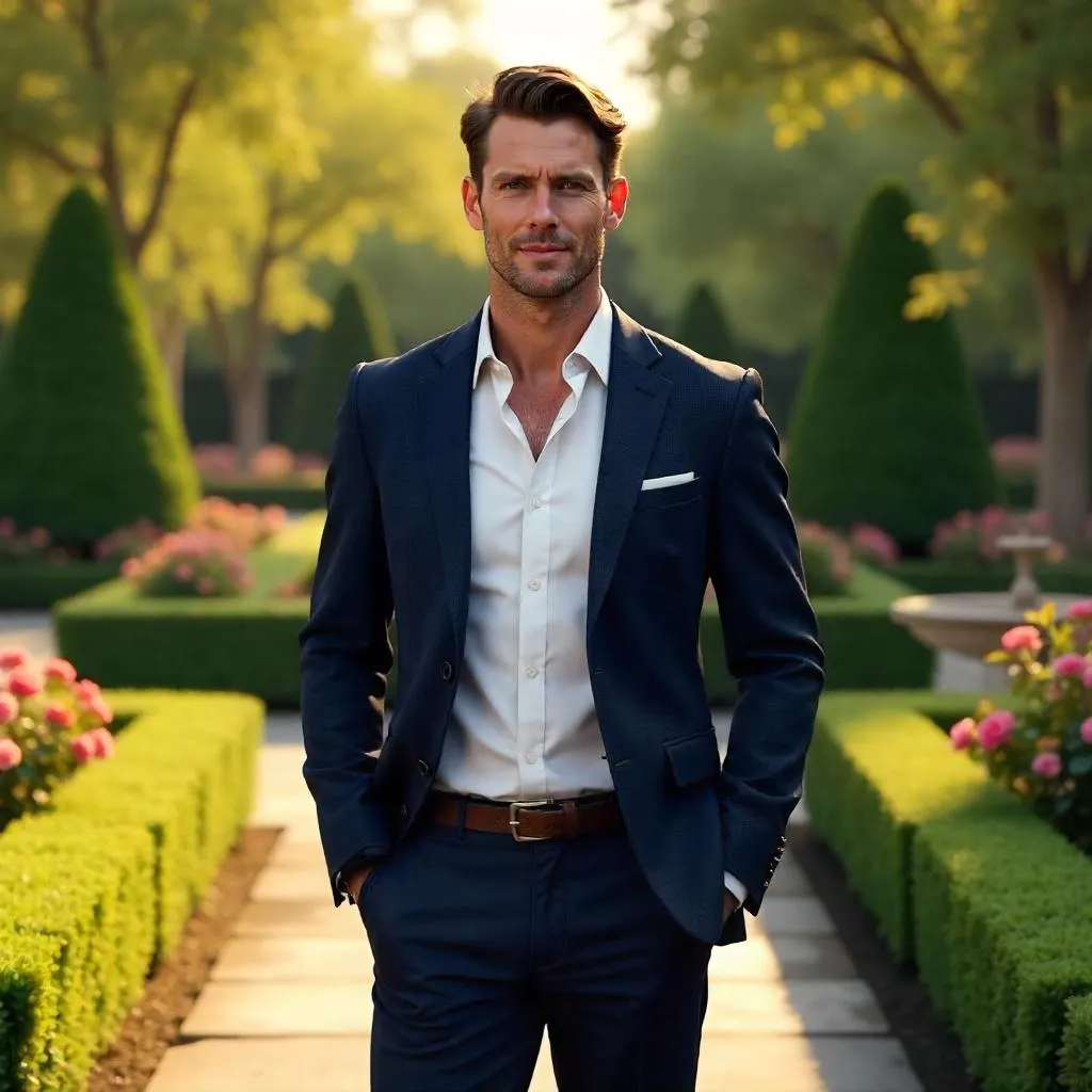 Confident White Man in a Lush Garden - 3D Render