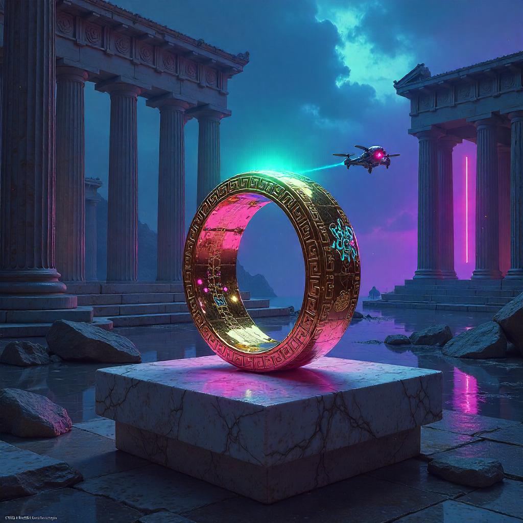 Neon Delphi Ring: Cyber-Greek Enchantment