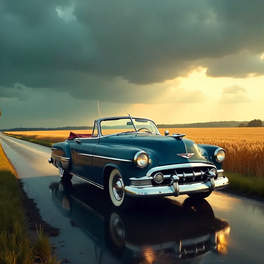 Vintage Car on a Rain-Washed Country Road