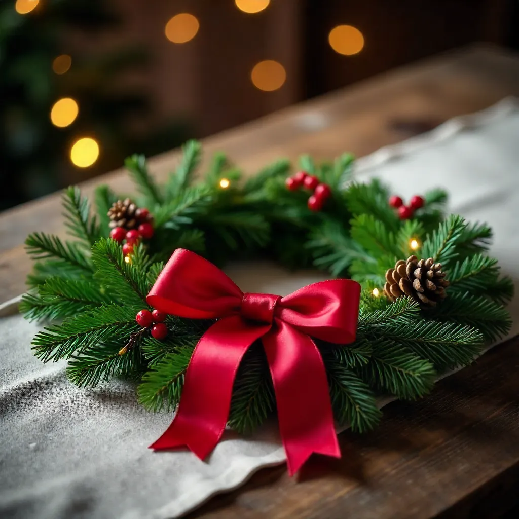 Decorative Christmas Wreath with Red Ribbon on Table