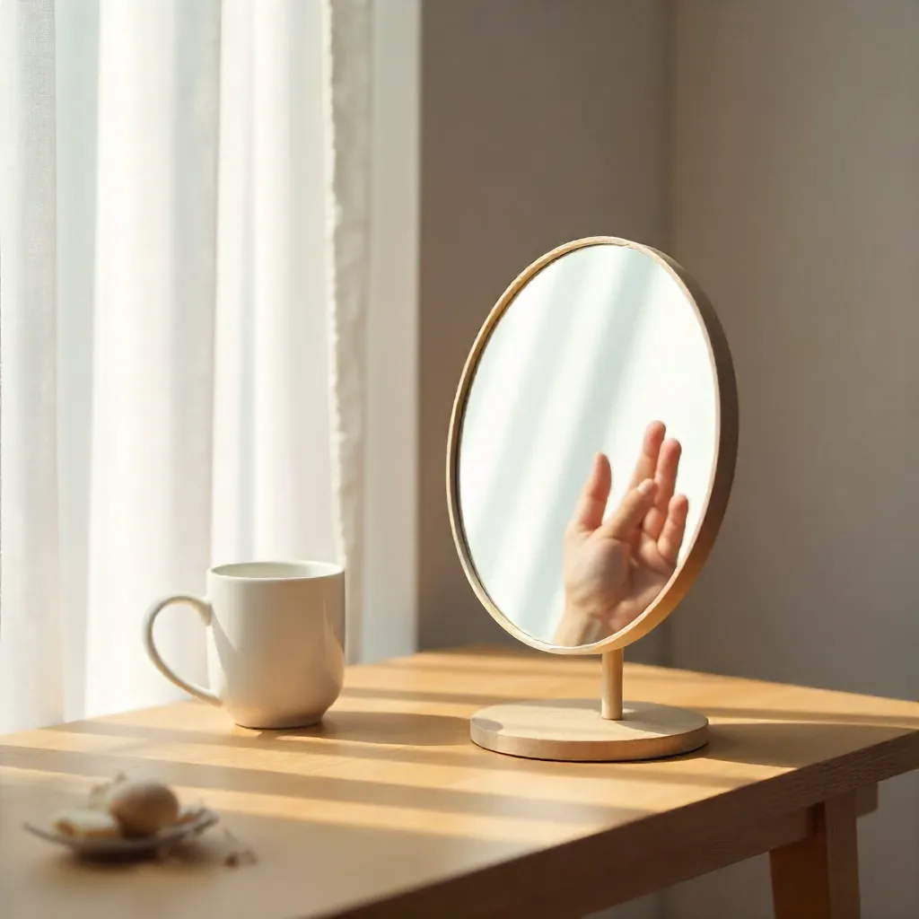 Hand Reflected in a Round Mirror in a Minimalist Room