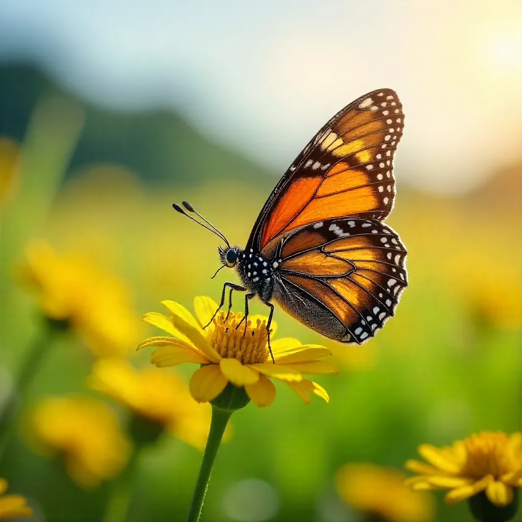 Butterfly on Yellow Wildflowers in a Sunny Meadow