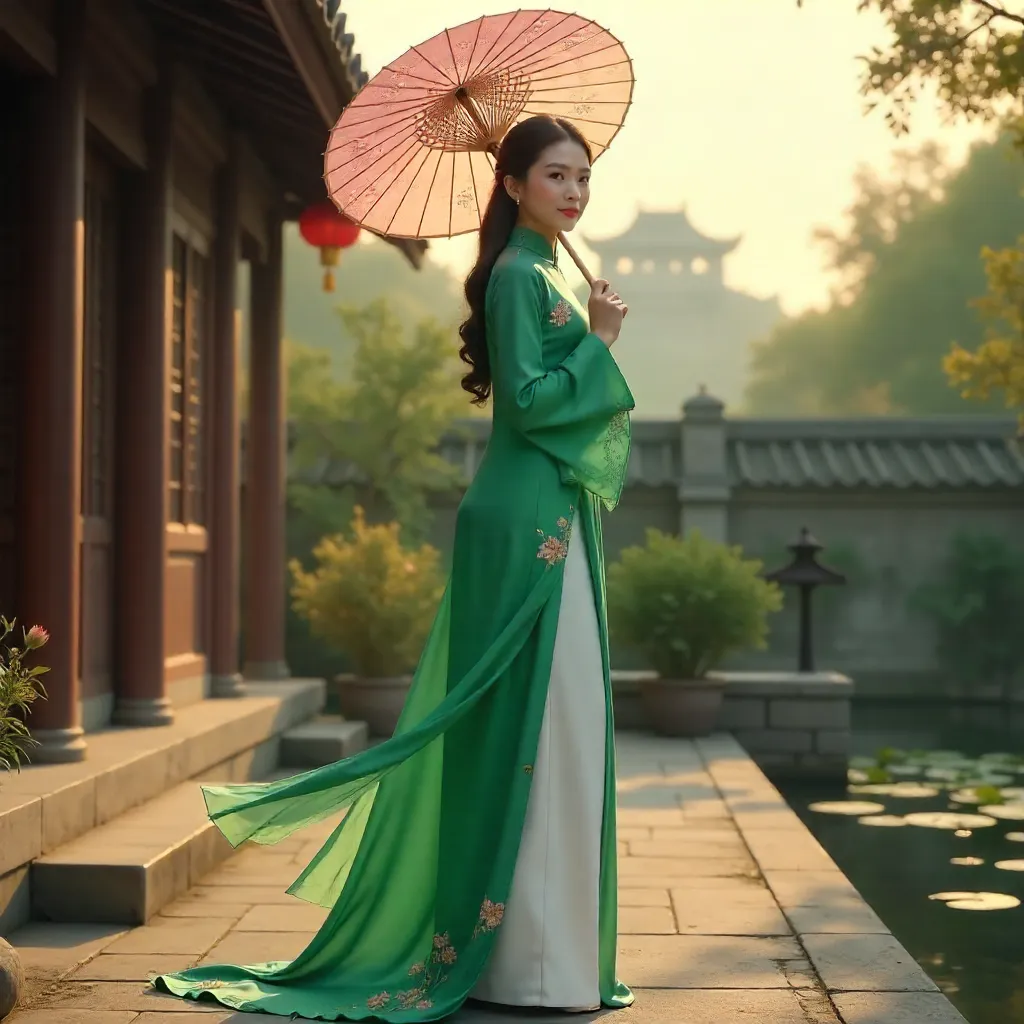 Ao Dai with Paper Parasol in Vietnamese Courtyard