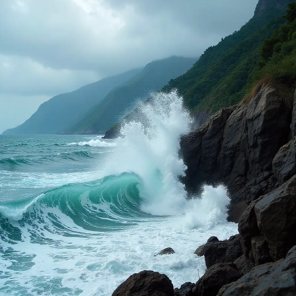 Waves at Hualien: Rock, Mist and Mountains
