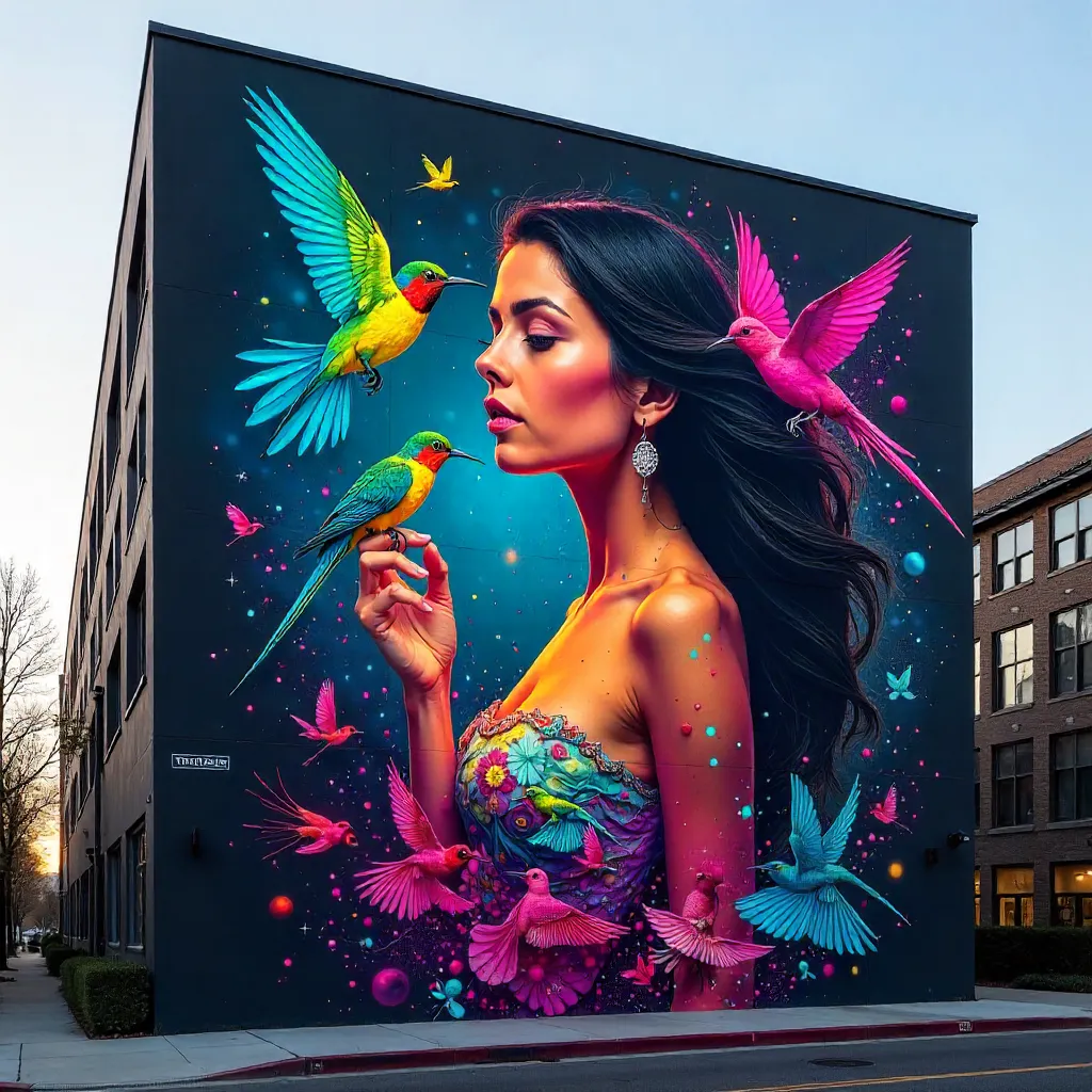 Vivid Woman and Birds Mural on a Contemporary Building