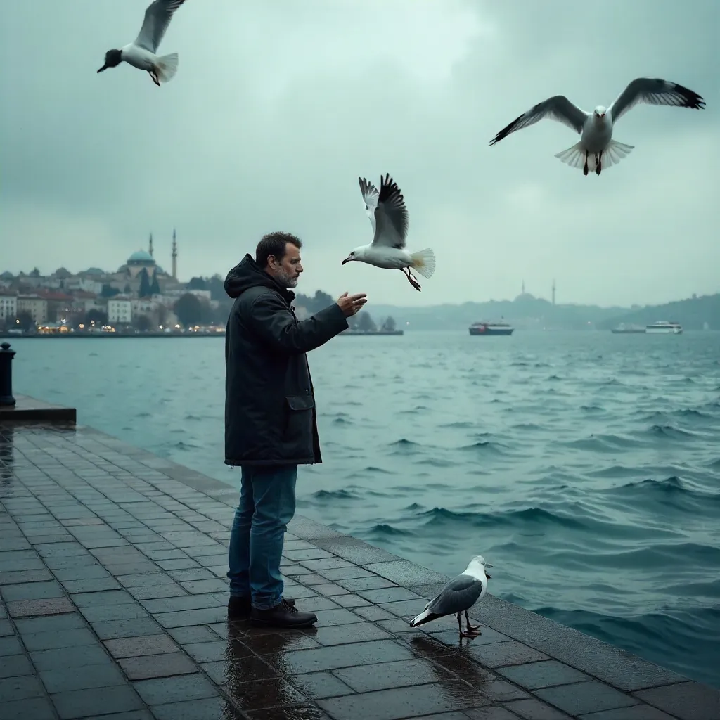 Feeding Seagulls by the Bosphorus in Istanbul