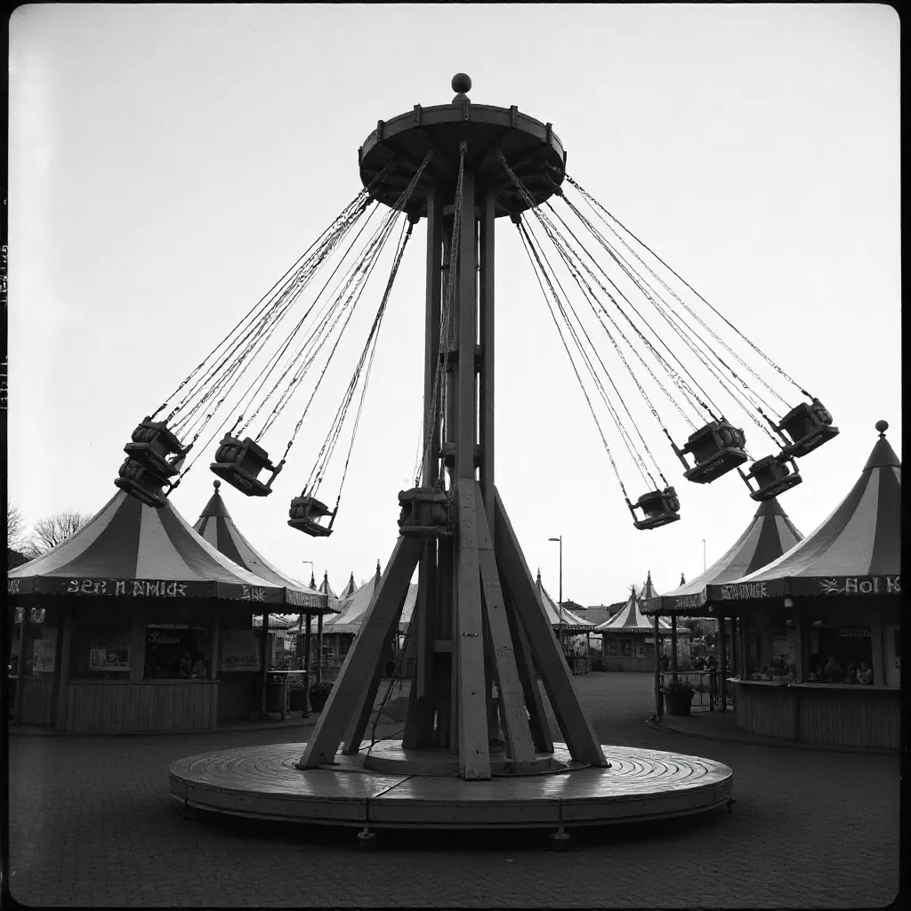 Vintage Black-and-White German Carnival Swing Ride