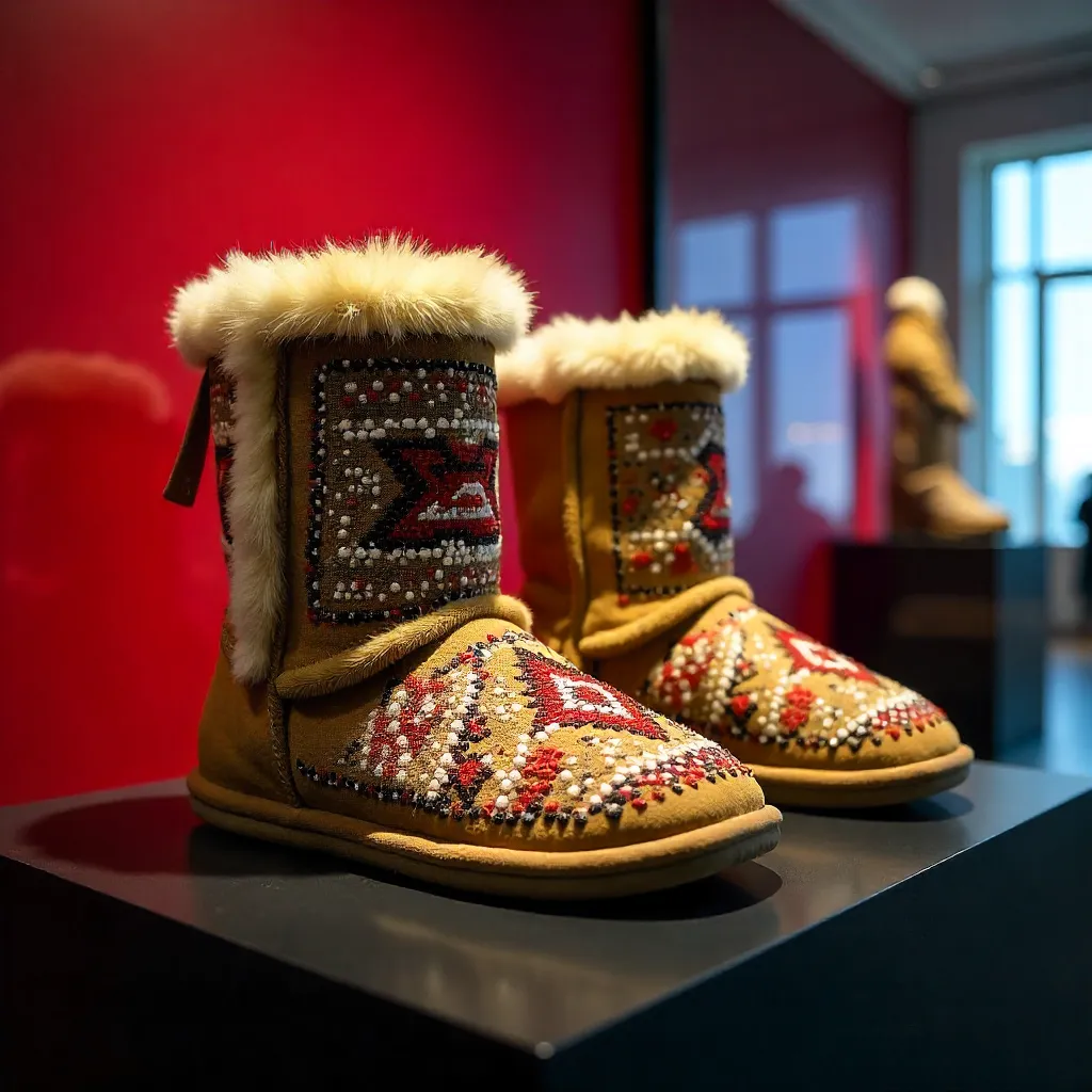 Traditional Fur Boots on Red Backdrop in Toronto Museum