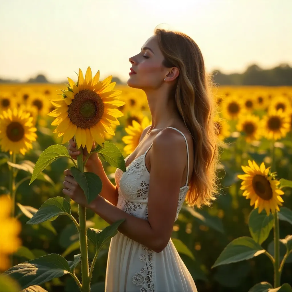Sunlit Sunflower Embrace in White Lace Dress