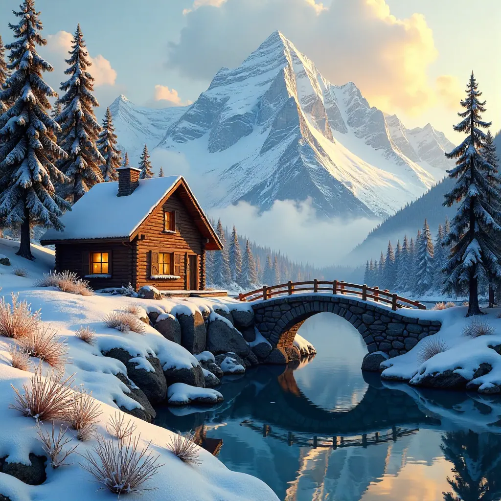 Quiet Alpine Cottage by Snowy Mountain Range